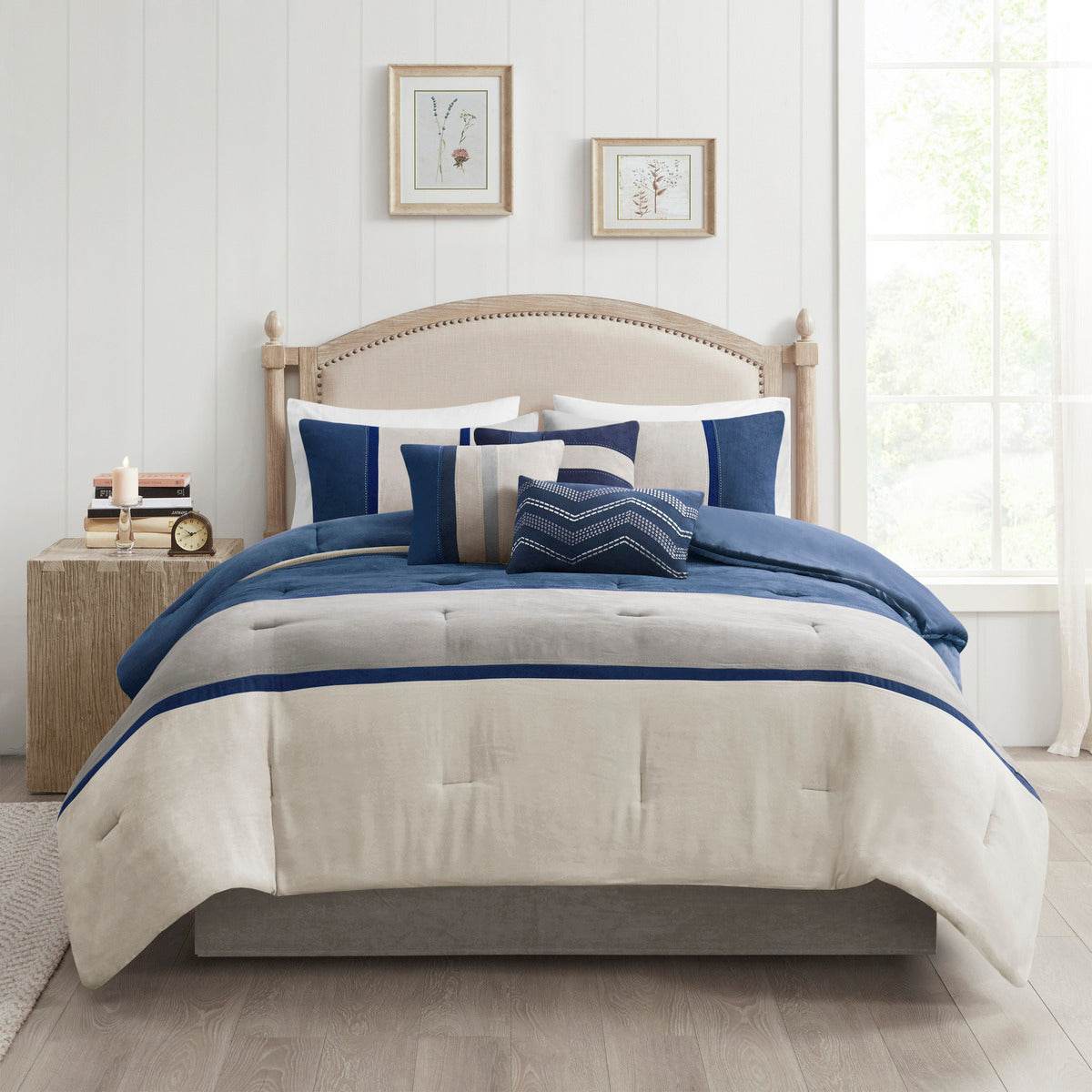 MLNshops 7 piece bedding set king size - Navy Gray Comforter