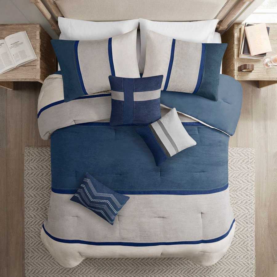 MLNshops 7 piece bedding set king size - Navy Gray Comforter