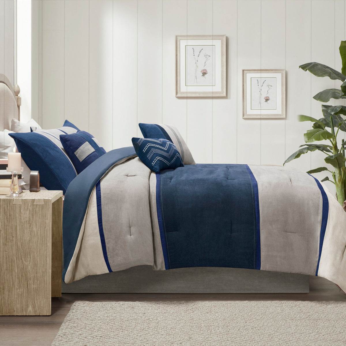 MLNshops 7 piece bedding set queen size Navy Gray Comforter