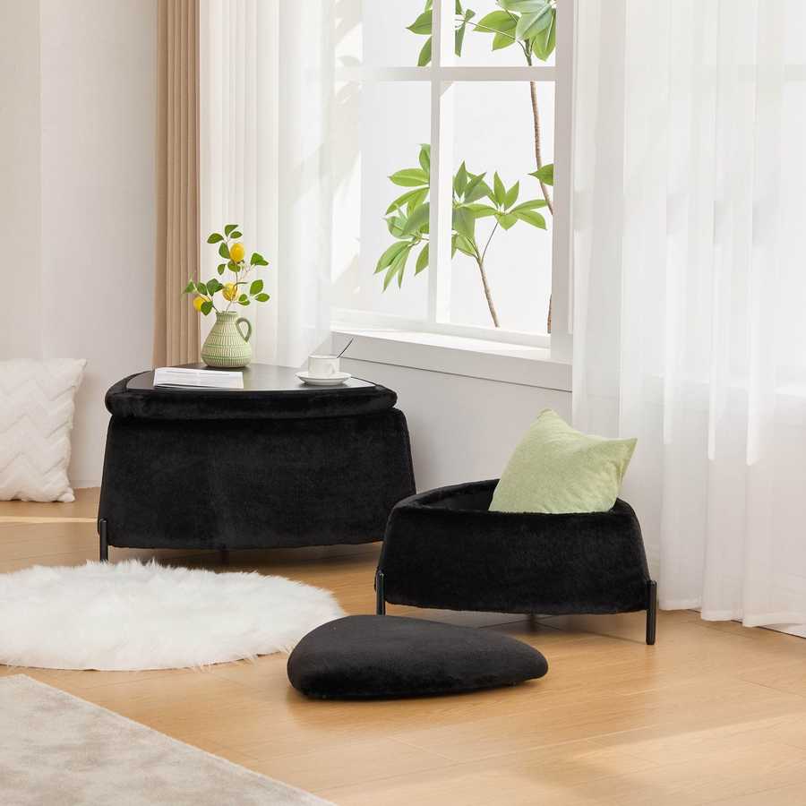 MLNshops plush black faux fur storage ottoman set 2pc