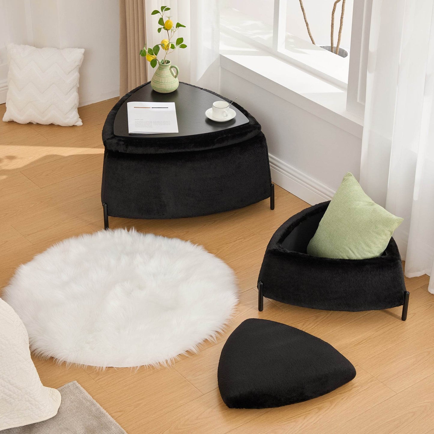MLNshops plush black faux fur storage ottoman set 2pc