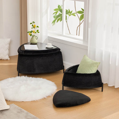 MLNshops plush black faux fur storage ottoman set 2pc