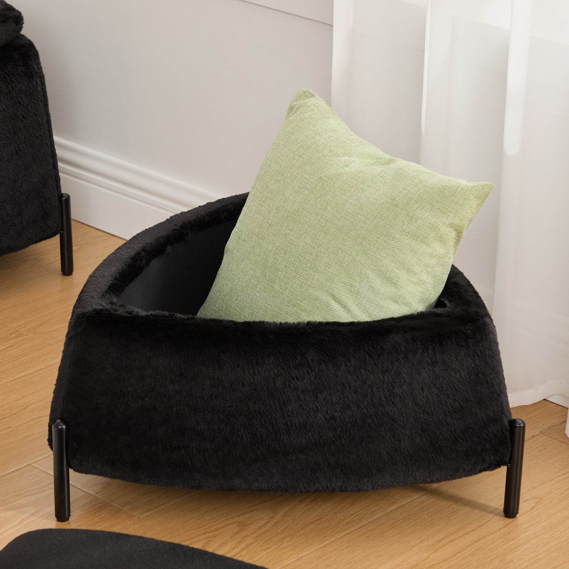 MLNshops plush black faux fur storage ottoman set 2pc