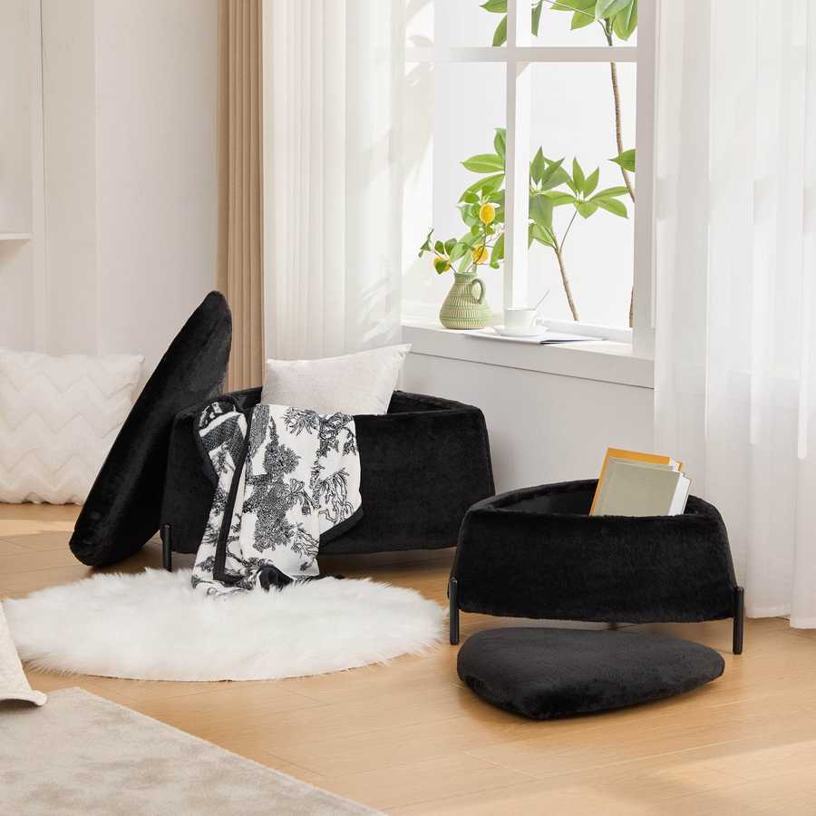 MLNshops plush black faux fur storage ottoman set 2pc