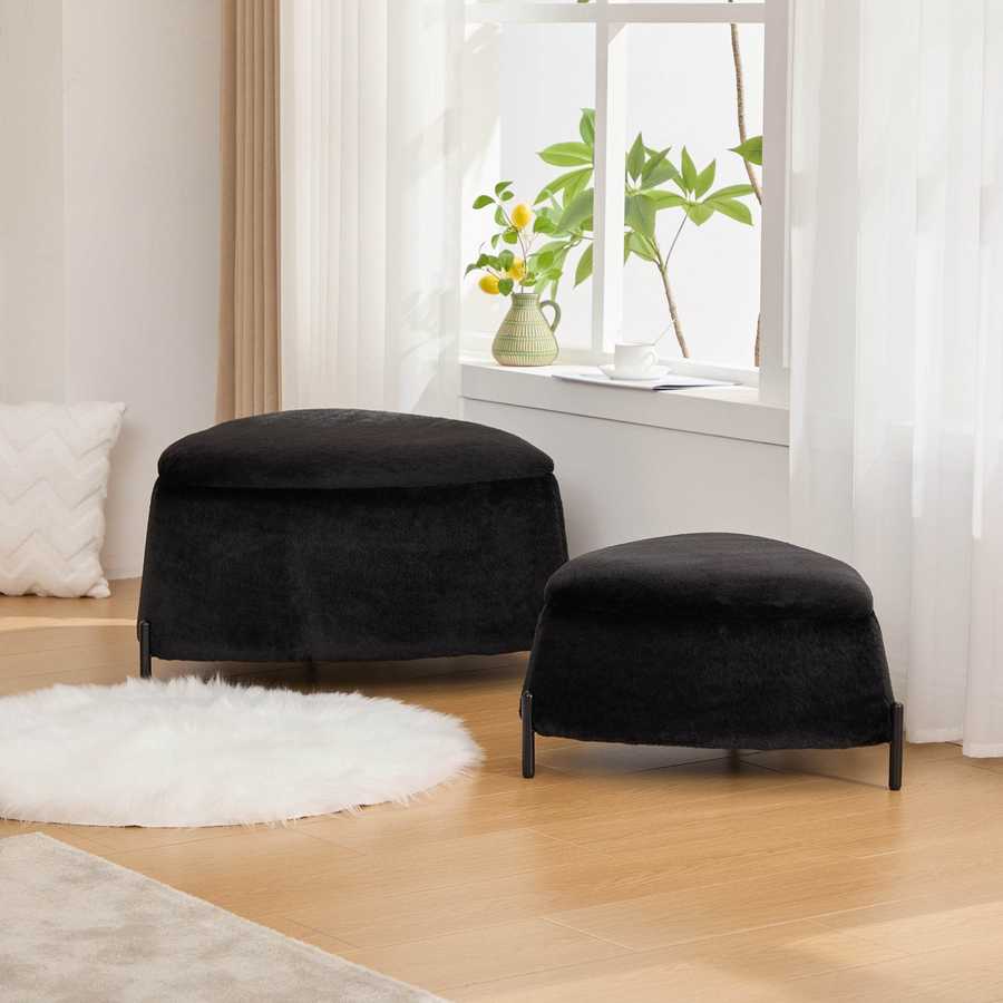 MLNshops plush black faux fur storage ottoman set 2pc