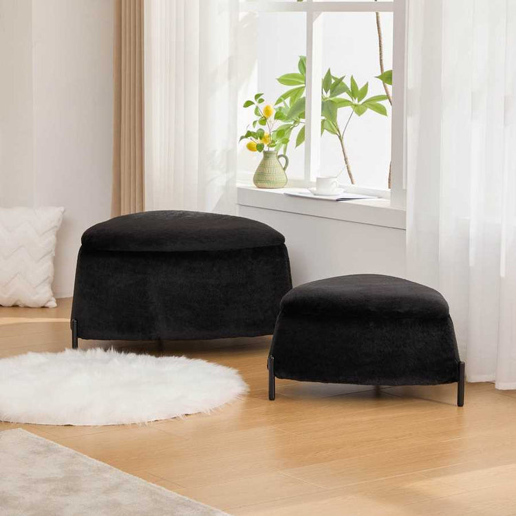 MLNshops plush black faux fur storage ottoman set 2pc