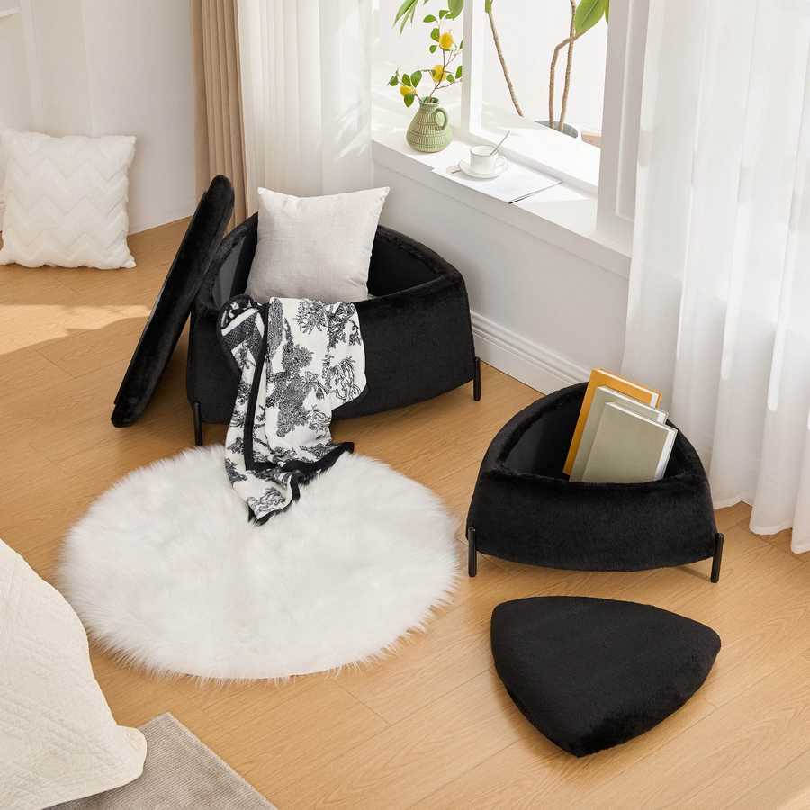 MLNshops plush black faux fur storage ottoman set 2pc