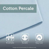 Cotton Percale fabric with breathable, durable, and easy care icons on a light blue background.