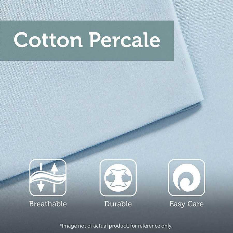 Cotton Percale fabric with breathable, durable, and easy care icons on a light blue background.