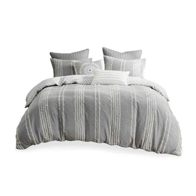 Gray textured comforter set with matching pillows on a white background