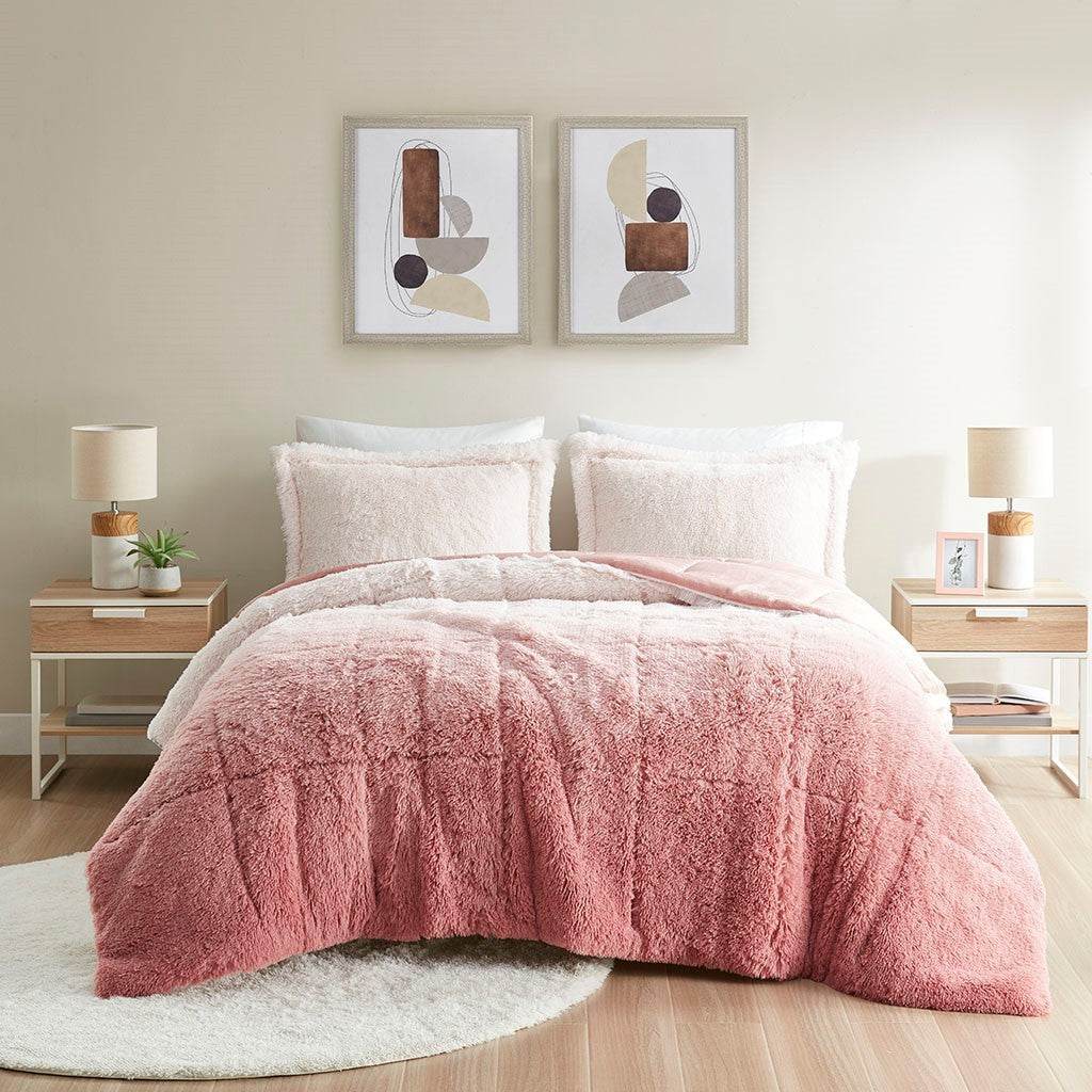 MLNshops king size ombre shaggy comforter set - Plush Pink