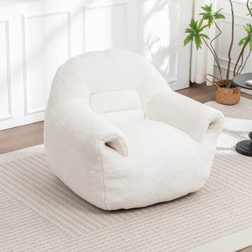 Plush faux fur white bean bag chair staged in modern cozy living room.