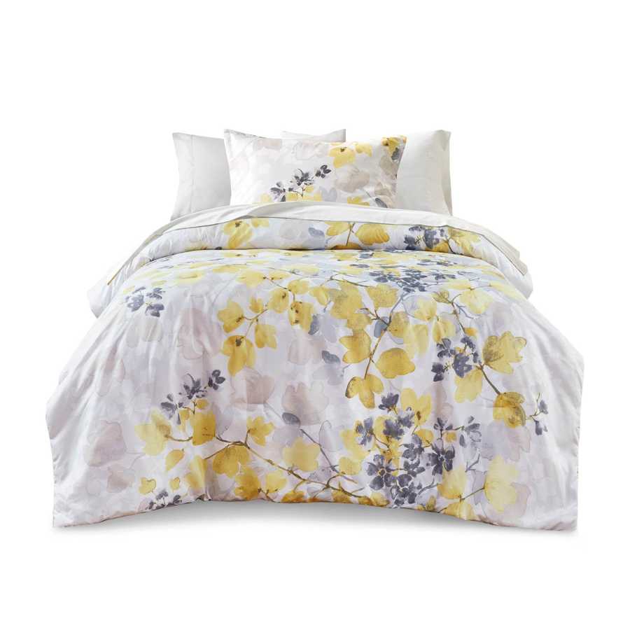 Floral bedding set with yellow and gray flowers on a white background