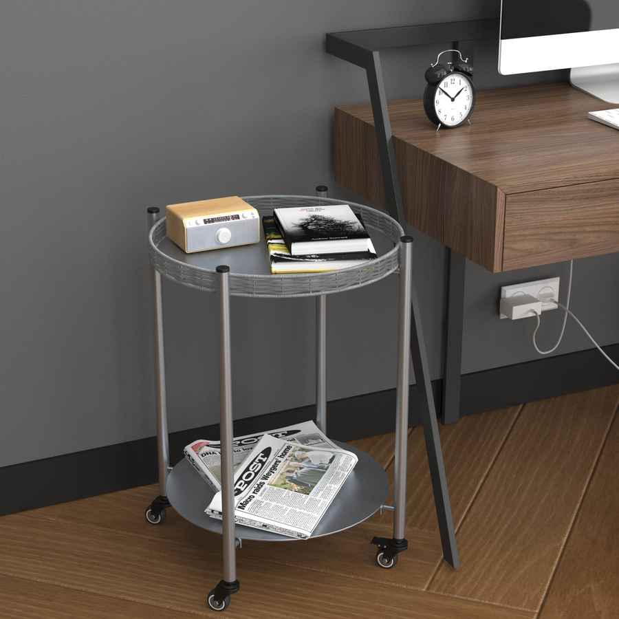 MLNshops round coffee table with wheels, 2-Tier Metal