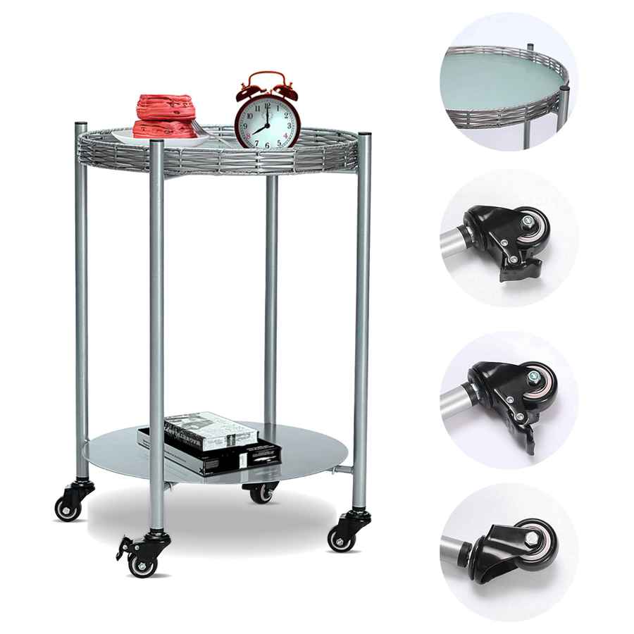 MLNshops round coffee table with wheels, 2-Tier Metal