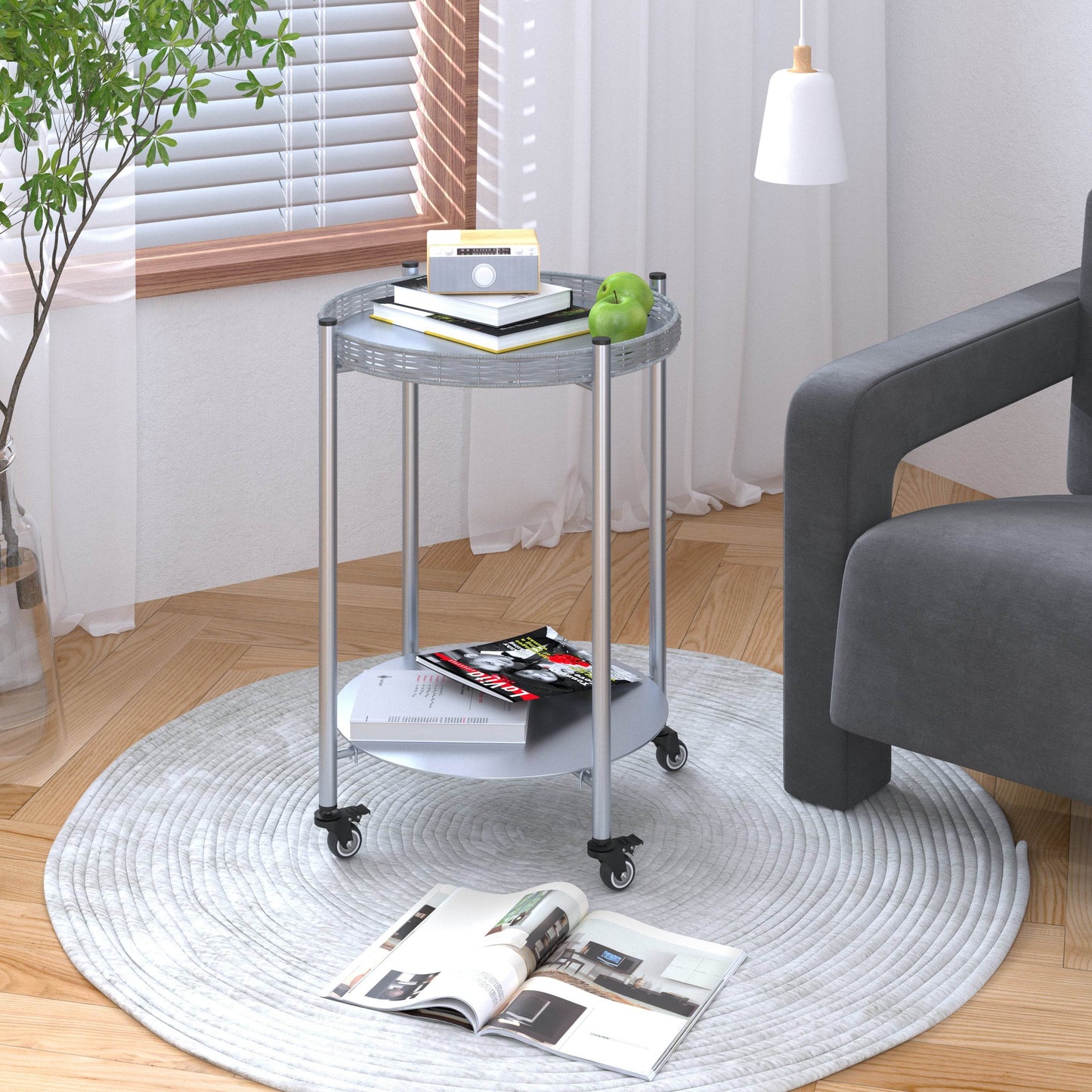 MLNshops round coffee table with wheels, 2-Tier Metal Default