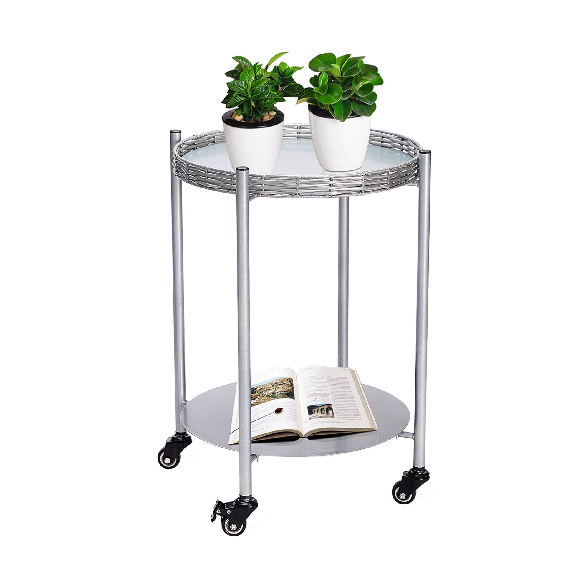MLNshops round coffee table with wheels, 2-Tier Metal