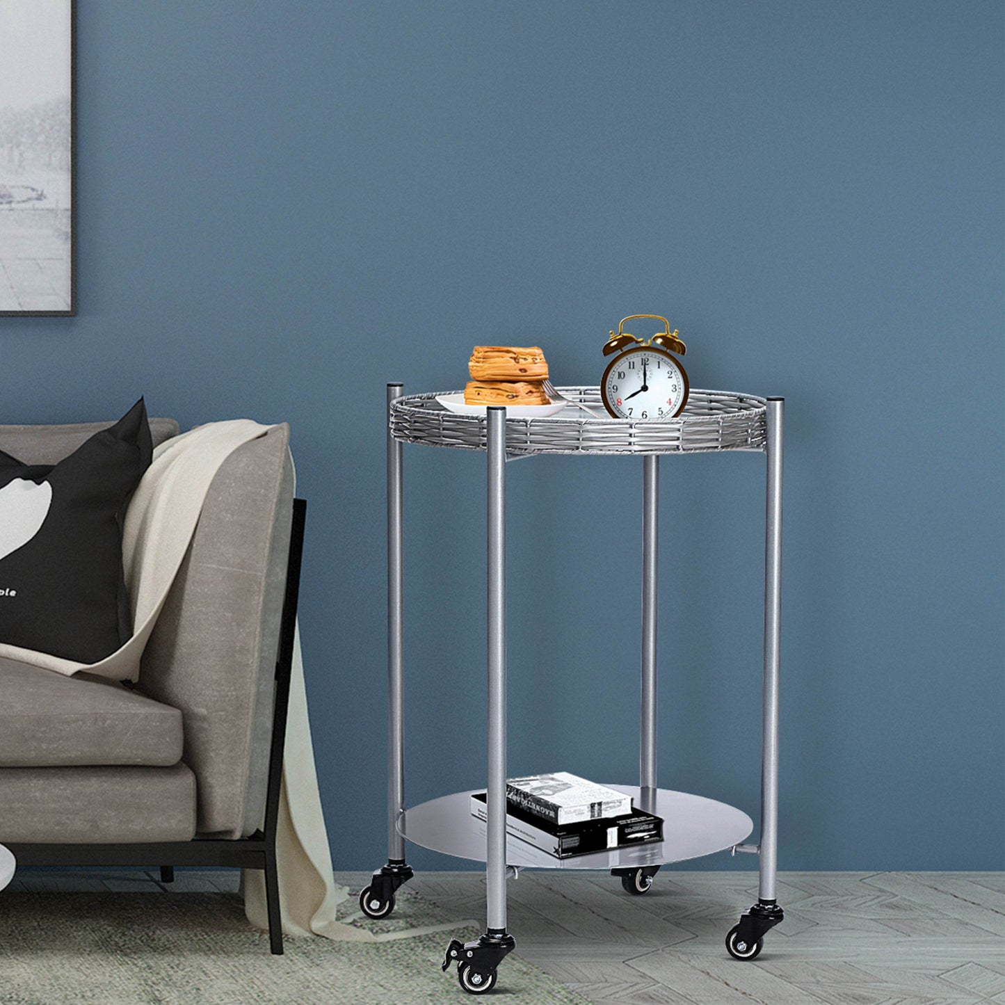 MLNshops round coffee table with wheels, 2-Tier Metal
