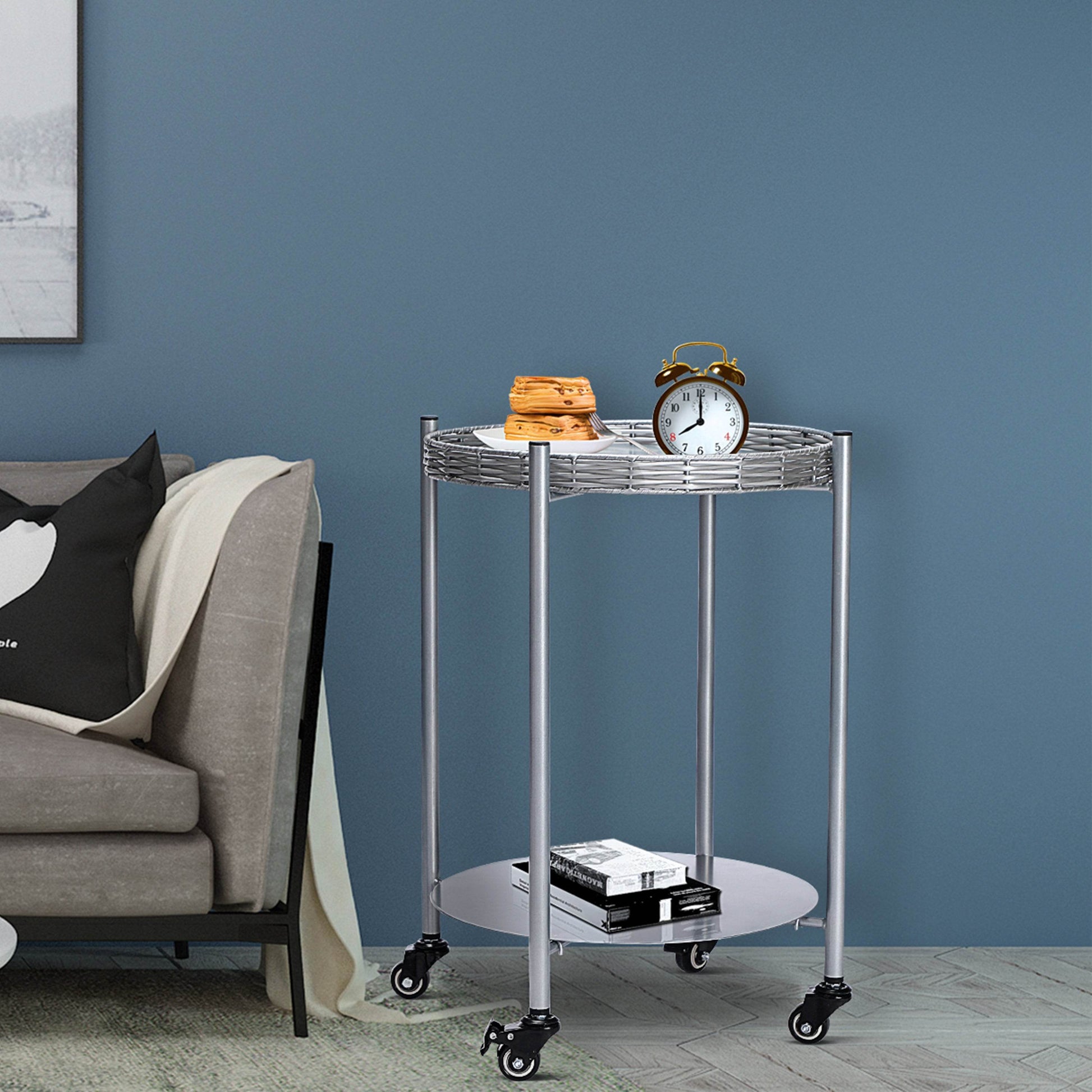 MLNshops round coffee table with wheels, 2-Tier Metal