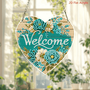 Heart-shaped acrylic sun catcher with floral design and 'Welcome' text