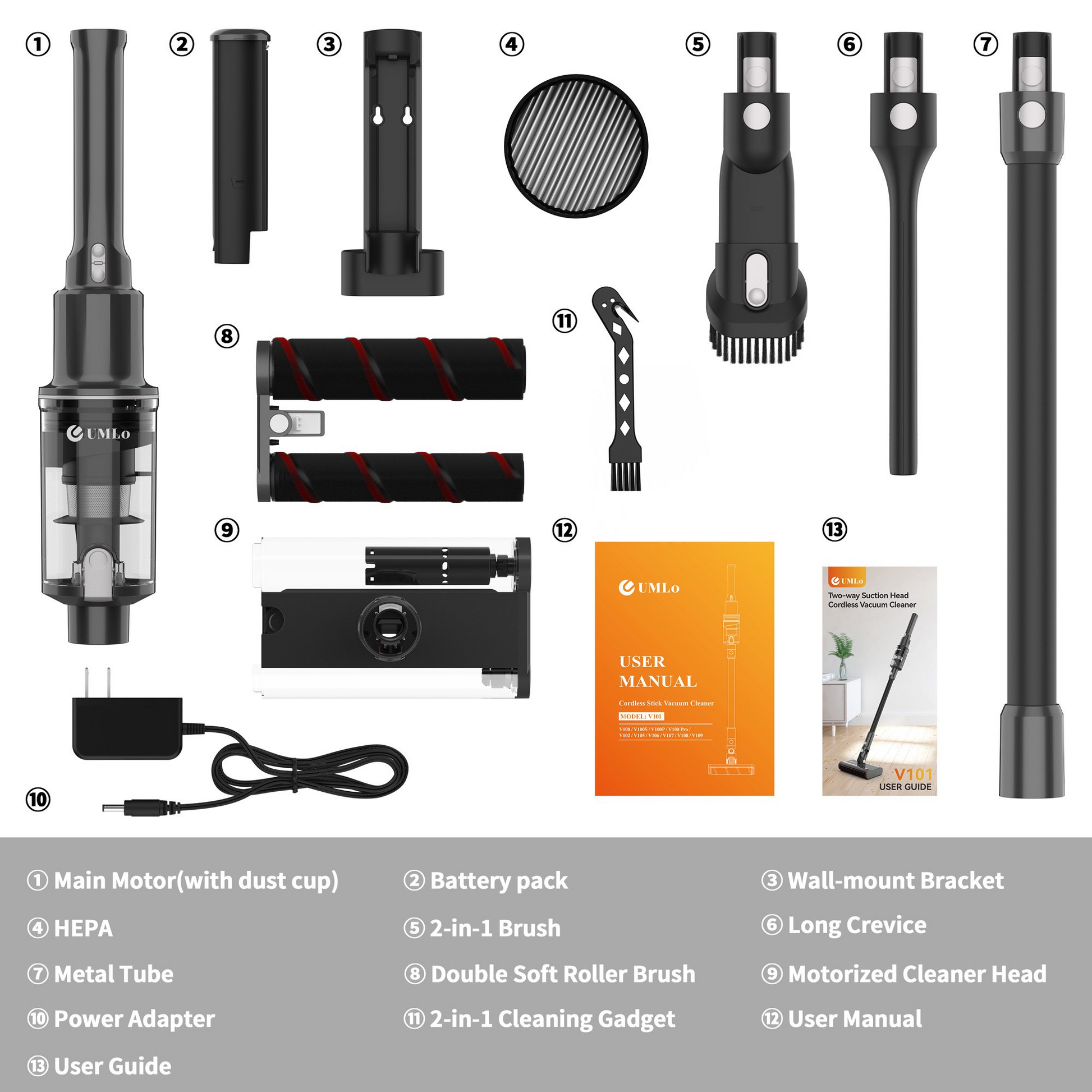 V101 Gray Cordless Vacuum Cleaner 22Kpa Powerful Suction full accessory kit including HEPA filter, brushes, and motorized cleaner head.