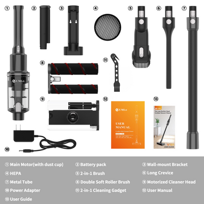 V101 Gray Cordless Vacuum Cleaner 22Kpa Powerful Suction full accessory kit including HEPA filter, brushes, and motorized cleaner head.