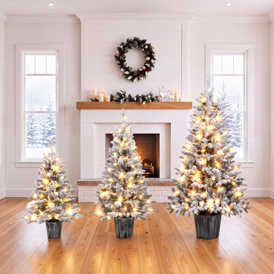 3‑Piece Flocked Pre‑Lit Christmas Tree Set, 3FT 4FT 5FT Potted Artificial Tree with Warm White LED 3 Lighting Modes for Indoor Holiday Fireplace Entryway Decor