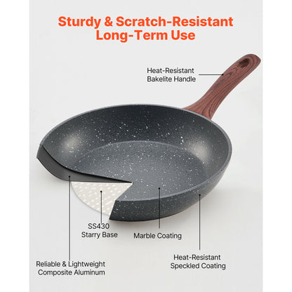Cutaway view of nonstick frying pan showing marble coating, SS430 base, and heat-resistant handle from skillet set.