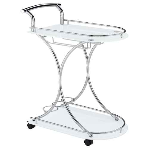 A modern two-tier bar cart with a glossy white glass tray, a lower storage shelf, and a polished chrome metal frame and handle, shown on a plain white background.