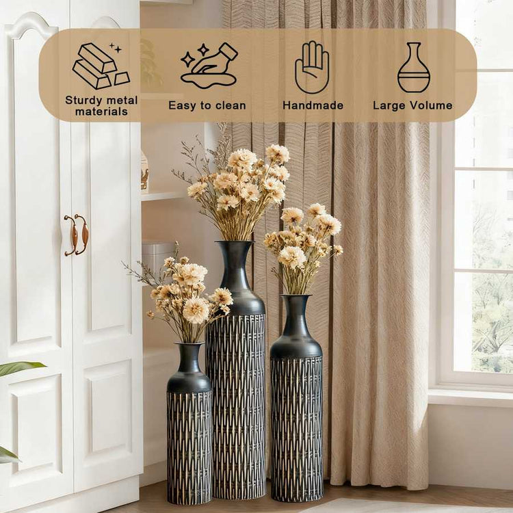 Set of 3 black floor vases filled with flowers, shown in a bright room with icons highlighting durability and handmade quality.