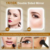 Double-sided mirror with 1X and 10X magnification, showing close-up views of a woman&