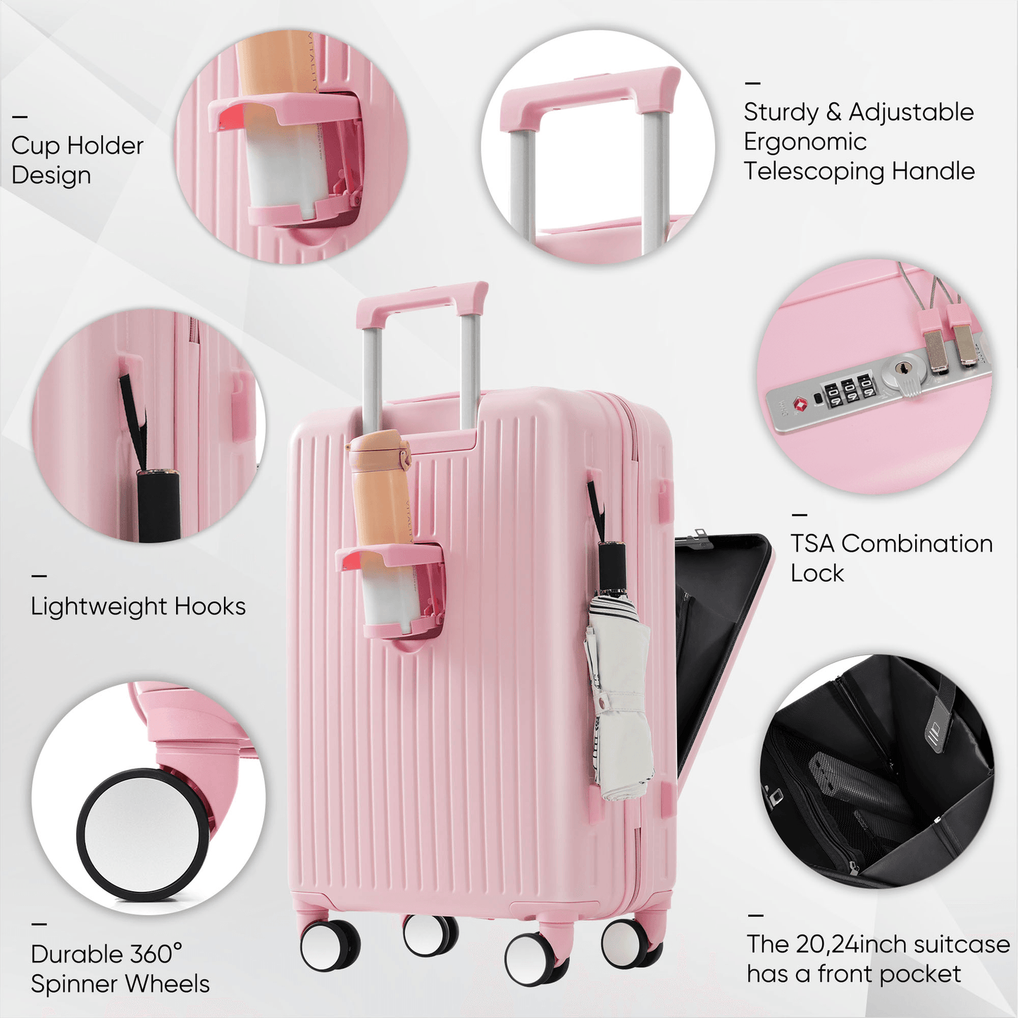 4-Piece Luggage Set with USB Charging Ports - 20in Carry-On (Front-Opening for Laptop) 28in Checked Suitcase with TSA Lock Travel Duffel Bag Wet-Dry Toiletry Bag, pink