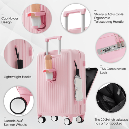 4-Piece Luggage Set with USB Charging Ports - 20in Carry-On (Front-Opening for Laptop) 28in Checked Suitcase with TSA Lock Travel Duffel Bag Wet-Dry Toiletry Bag, pink