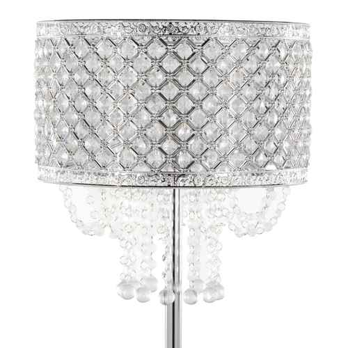 A silver table lamp with a cylindrical shade covered in clear faceted crystal tiles in a diamond pattern, with hanging crystal bead strands below, shown on a white background.