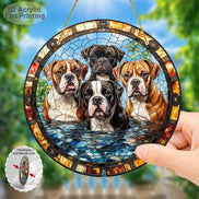 Handheld Boxer Dog Wall Art showing stained glass style with five boxer dogs, crafted from 2D acrylic for stylish wall decoration.