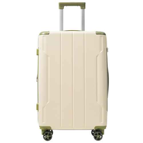 Cream-colored hard-shell spinner suitcase with sage green accents on the handle, corners, and zippers, shown on a solid white background.