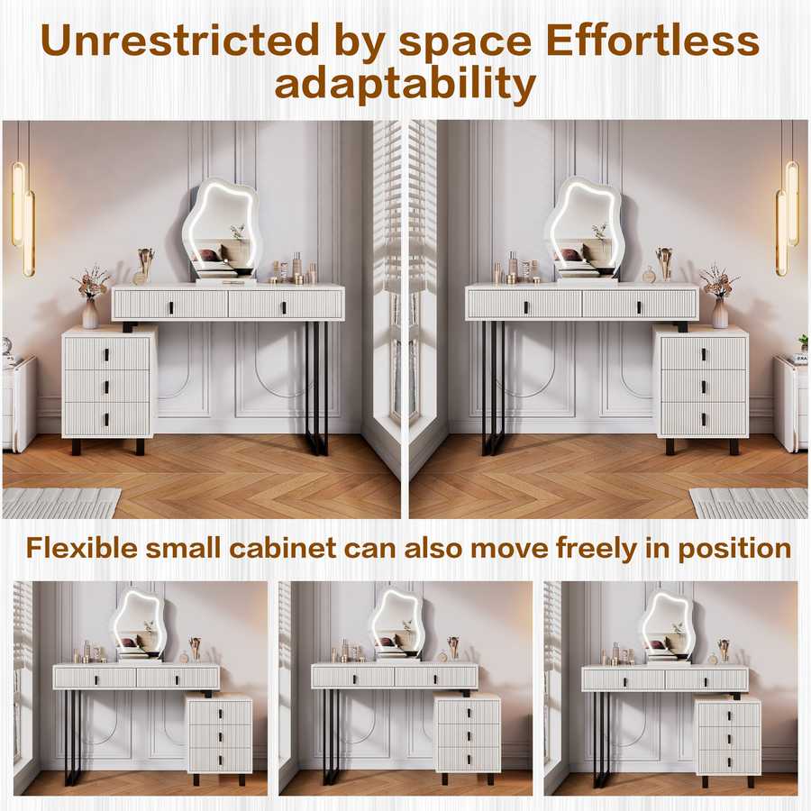 Modern bedroom vanity with LED mirror and storage