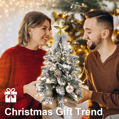 22in Mini Christmas Tree with Lights, Rose Gold Artificial Small Tabletop Christmas Tree with Flocked Snow, Exquisite Decor & Xmas Decorations for Table Top for Home & Office