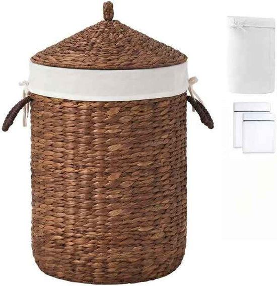 Round Laundry Hamper with Lid, Woven Natural Water Hyacinth Laundry Hamper