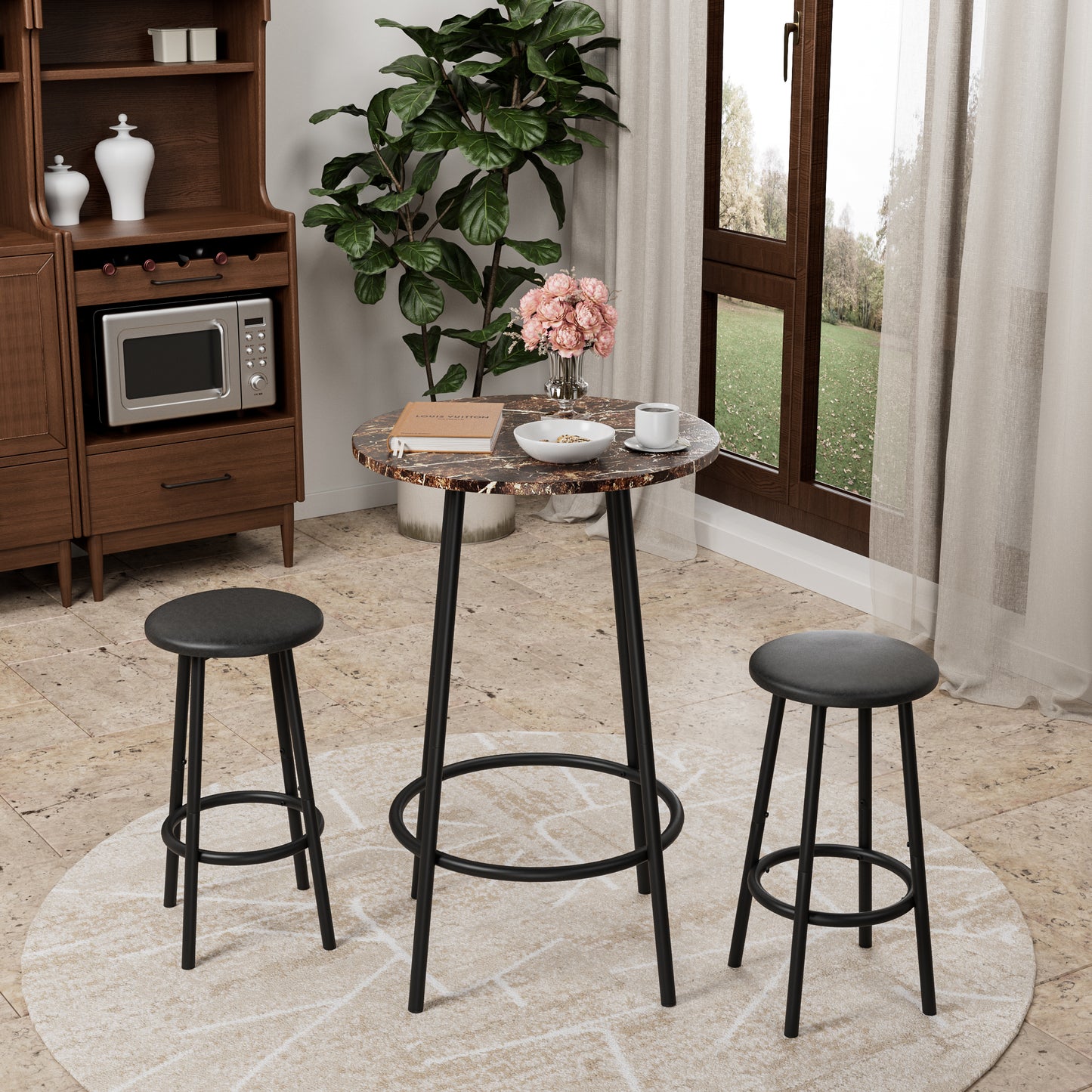Space-saving 3-Piece Bar Table Set with 2 Stools in a bright room, ideal for small apartments with its modern marble top and durable black legs.