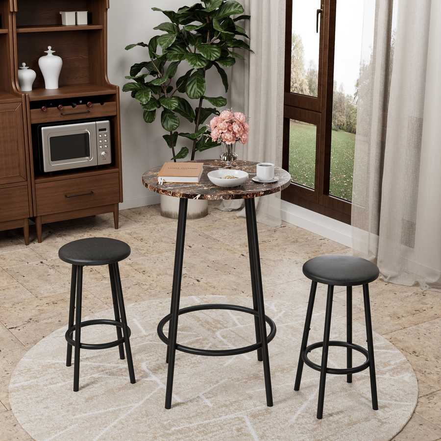 Space-saving 3-Piece Bar Table Set with 2 Stools in a bright room, ideal for small apartments with its modern marble top and durable black legs.