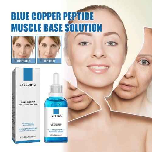 Blue Copper Peptide Muscle Base Solution in a blue glass dropper bottle with packaging, showing before and after face images for hydration and anti-aging benefits