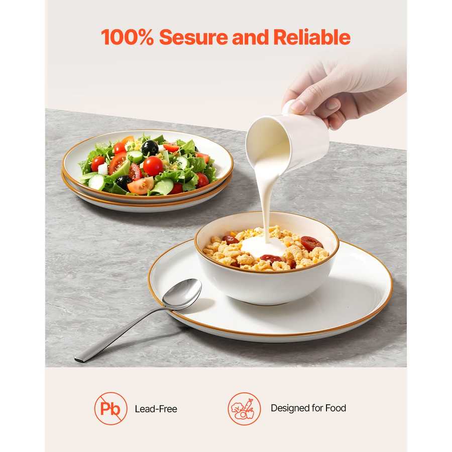Lead-free and food-safe 12 PCS Ceramic Dinnerware Set for 4 with plates and bowls shown in use with salad and cereal.