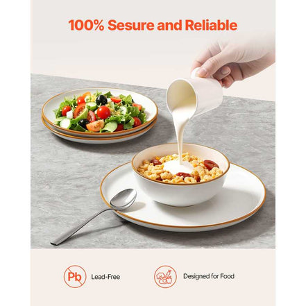 Lead-free and food-safe 12 PCS Ceramic Dinnerware Set for 4 with plates and bowls shown in use with salad and cereal.