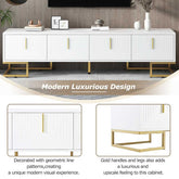 White and gold TV console with geometric line patterns and gold accents, offering a luxurious and modern design aesthetic.
