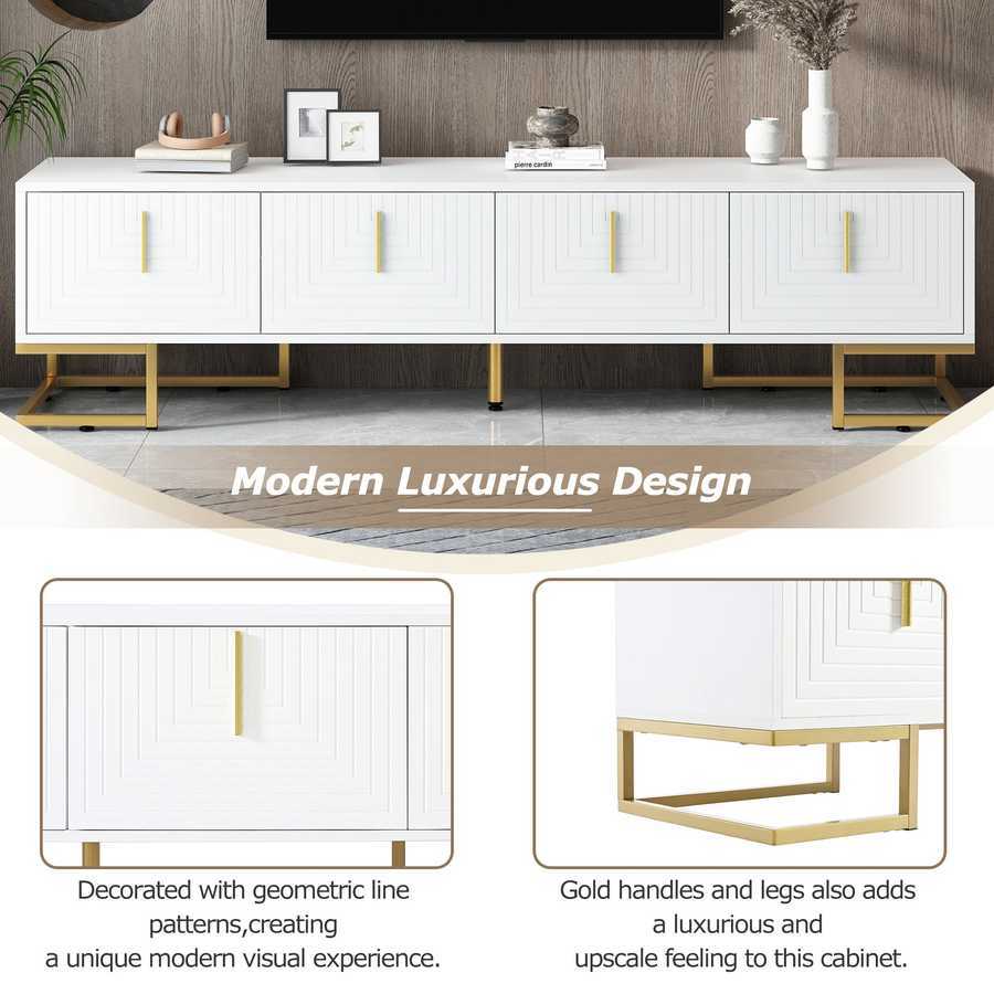 White and gold TV console with geometric line patterns and gold accents, offering a luxurious and modern design aesthetic.