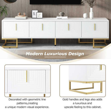 White and gold TV console with geometric line patterns and gold accents, offering a luxurious and modern design aesthetic.