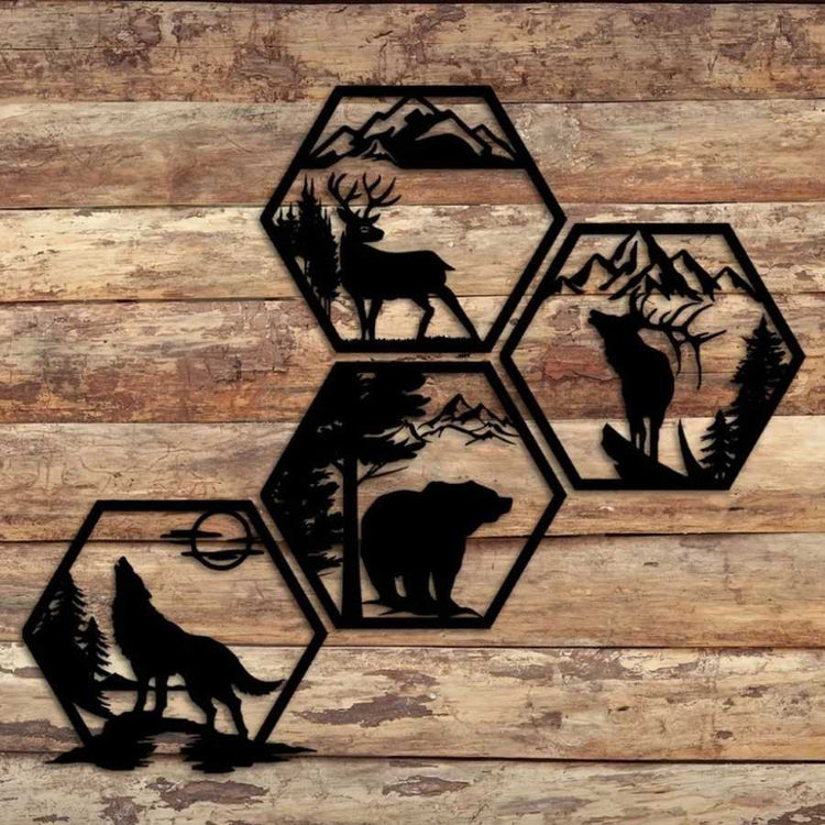 Rustic Iron Hexagon Wall Art Set mounted on wooden wall, 4-piece forest animal design with bear, deer, elk, and wolf silhouettes for cabin or lodge decor.