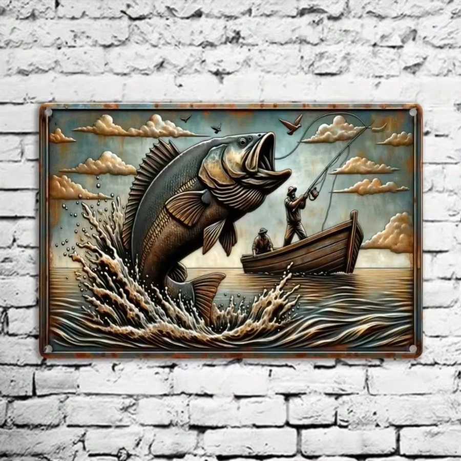 Metal fishing wall art sign with large fish and boat scene for home bar decor