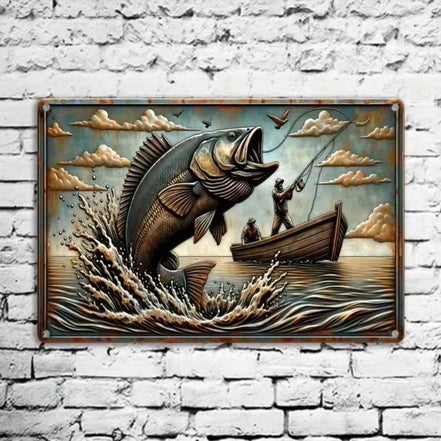 Metal fishing wall art sign with large fish and boat scene for home bar decor